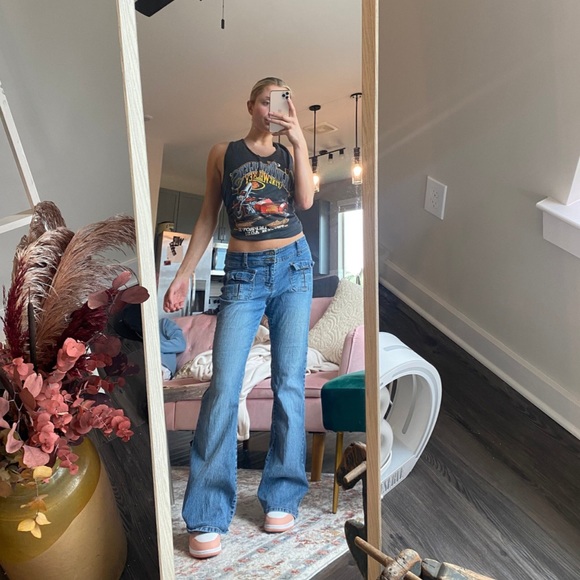 Vintage Denim - Vintage Y2K low rise jeans wide leg flare aesthetic carpenter baggy loose fit